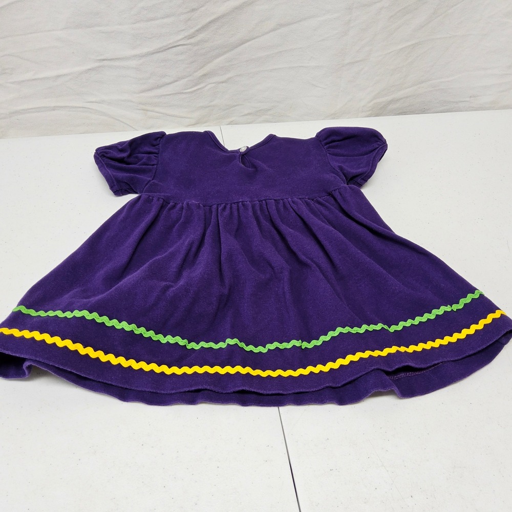 Firefly Lane Mardi Gras Dress Baby Girl 9M Purple Smocked Fleur-de-lis Rickrack - Picture 3 of 6